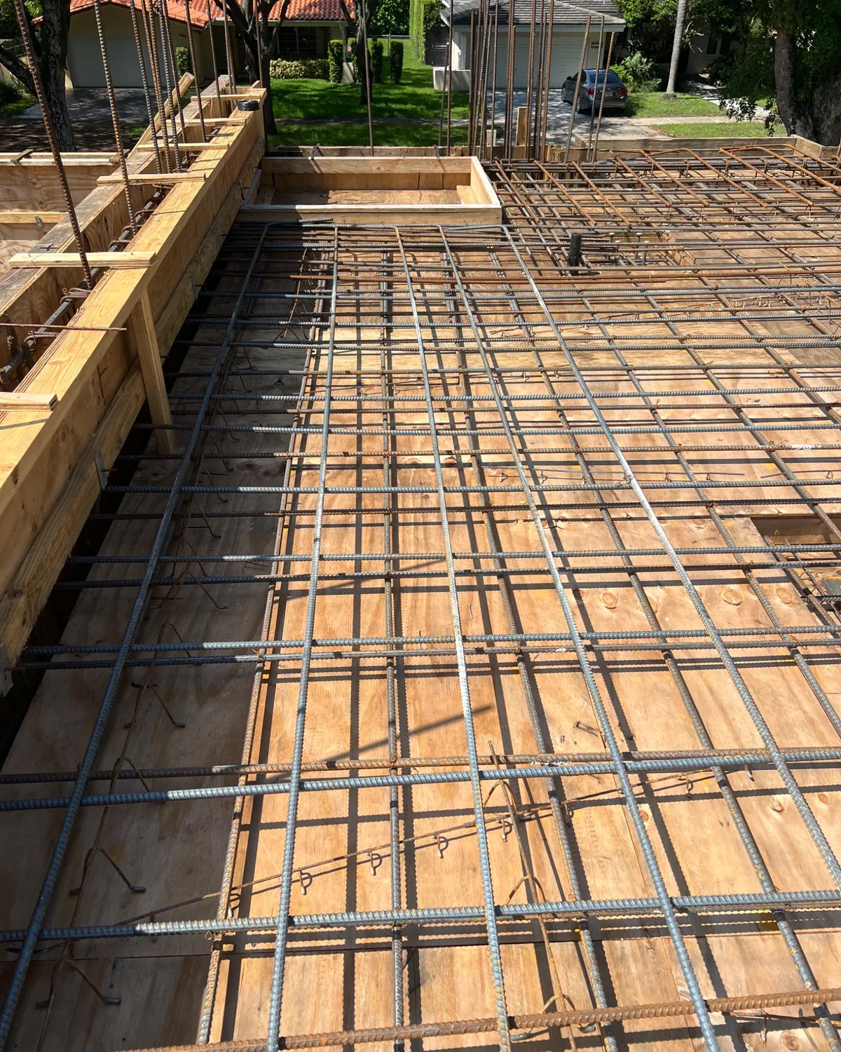 Close view of reinforcing steel and structural formwork